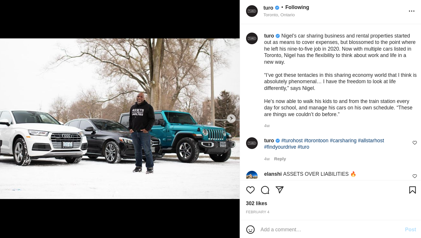 Turo Car rental business's UGC post on Instagram for marketing