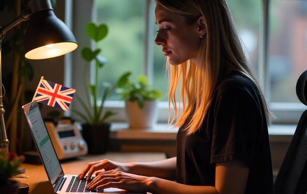 A female freelancer working on a desktop computer at a workstation in a cozy home office.